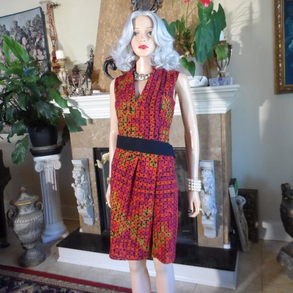 Akris Punto Red Multi Print Sheath Dress w/ Asymmetrical Waistband Detail Size 6 - Picture 1 of 16